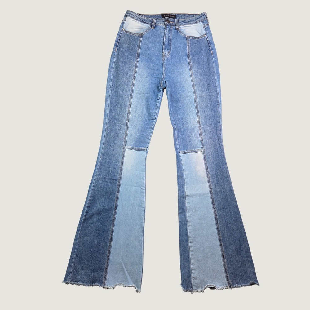 Almost Famous Patchwork Flare Jeans 7 Blue High Rise Bell Bottom Raw Hem 70s Y2K